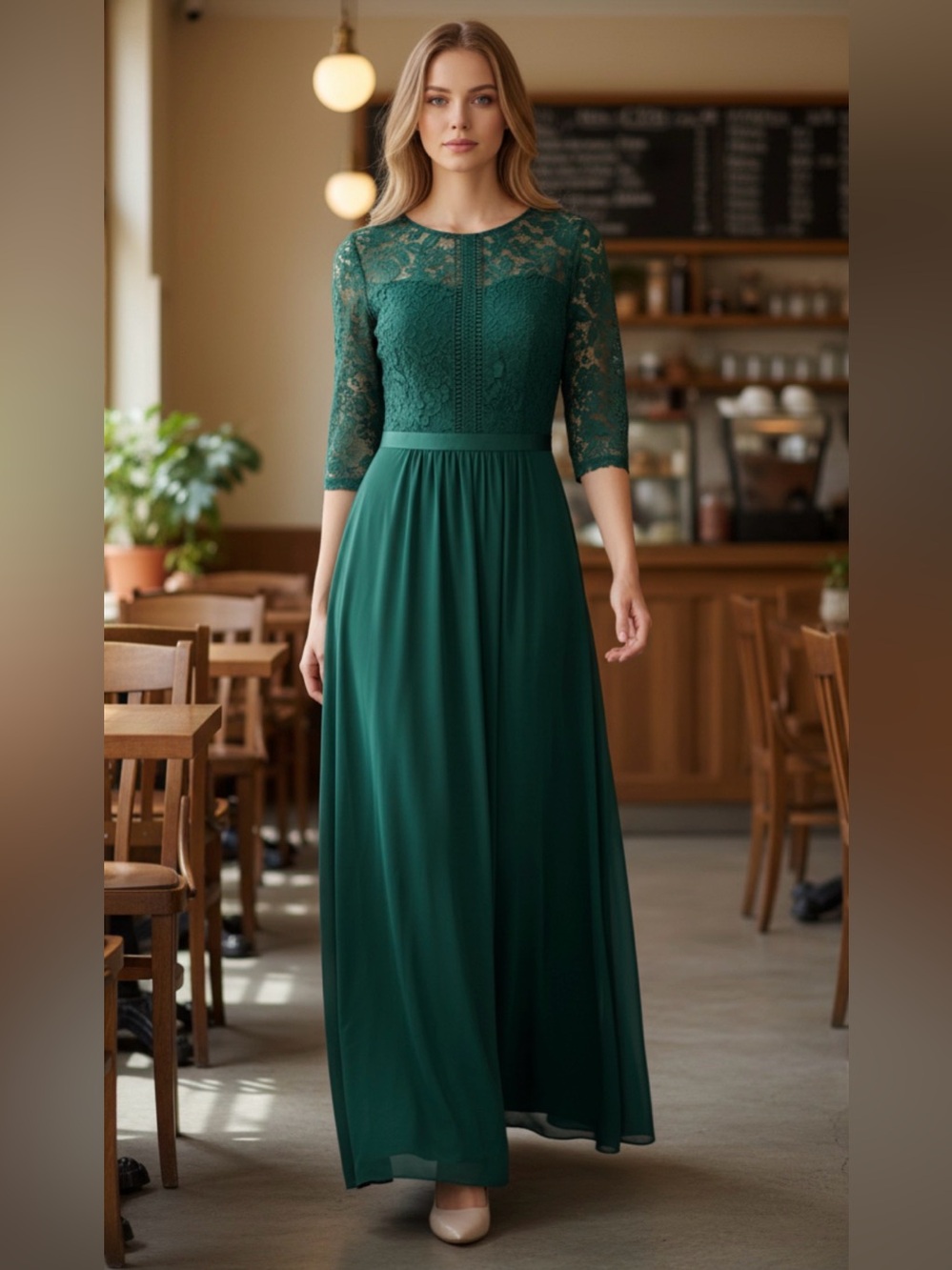 MIUSOL Emerald Green Lace Chiffon Maxi Gown XL Formal Evening Dress